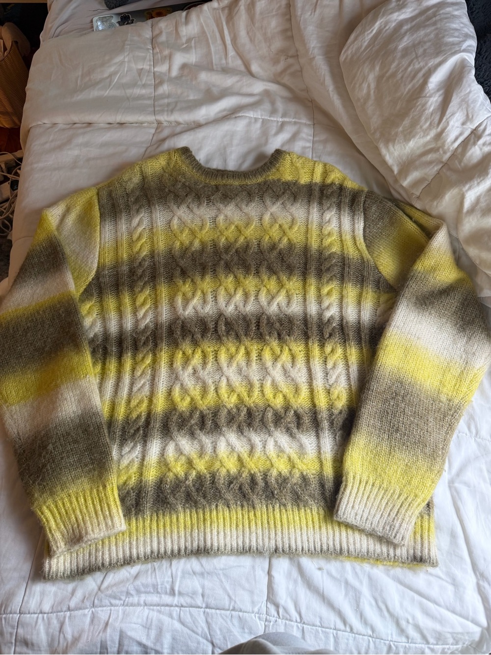 Pacsun men’s cable knit striped ombre yellow green fluffy crewneck sweater